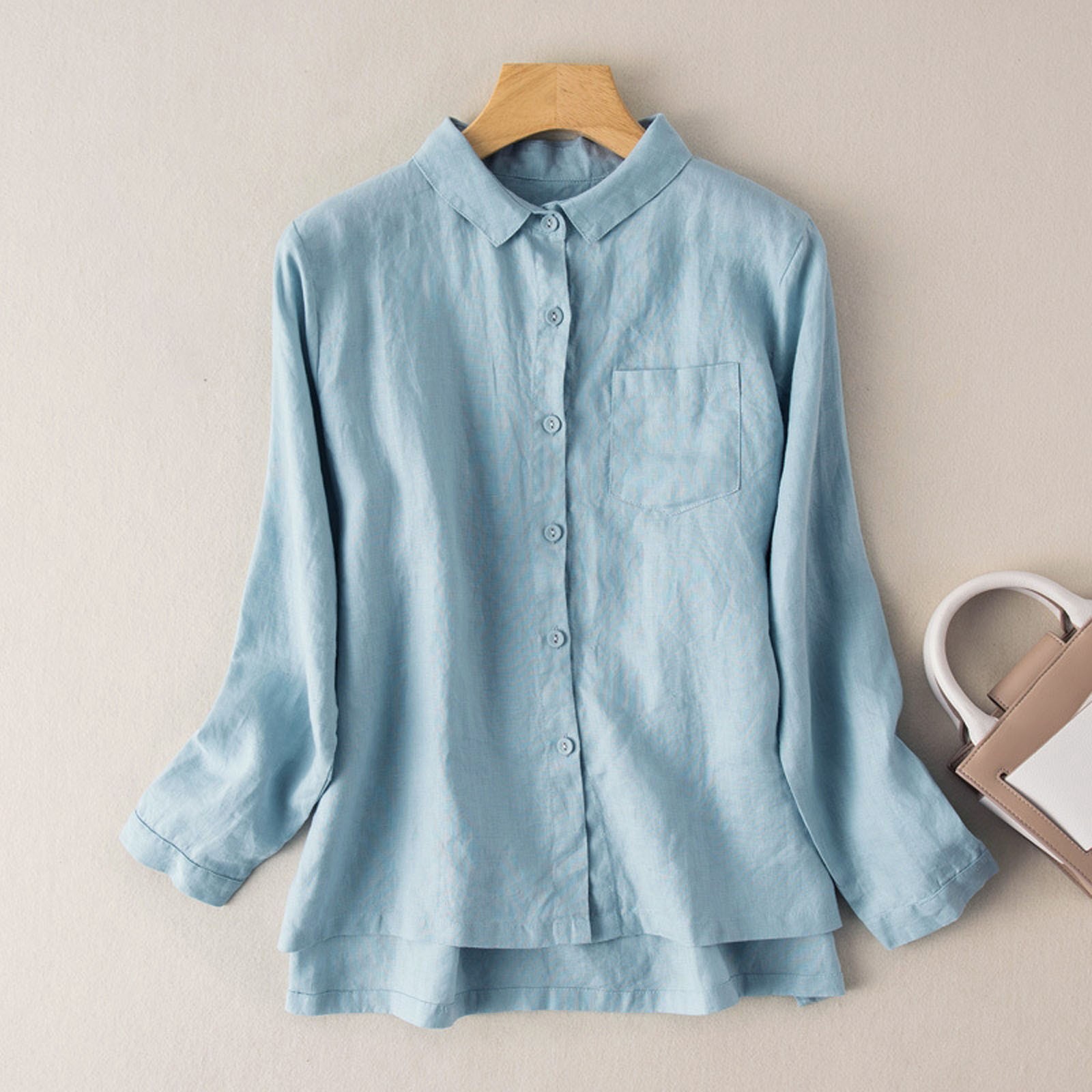 thumbnail image 2 of Camisa holgada de lino fino para mujer - Diseño vintage con solapa - Manga larga - Tallas M-XXL, 2 of 4